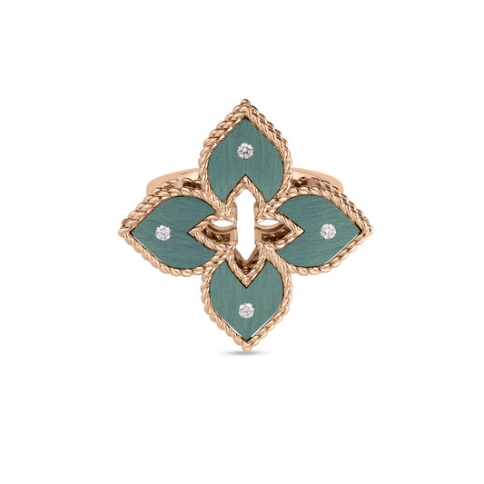 Roberto Coin Venetian Princess Classic Flower Ring Diamond, Titanium Green in 18K rose gold