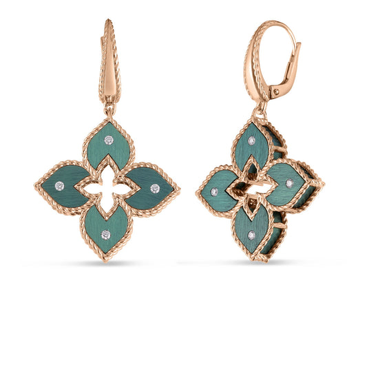 Roberto Coin Venetian Princess Classic Flower Drop Earrings Diamond, Titanium Green in 18K rose gold