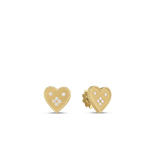 Roberto Coin Venetian Princess Small Heart Medallion Stud Earrings Diamond, Satin Finish in 18K yellow gold