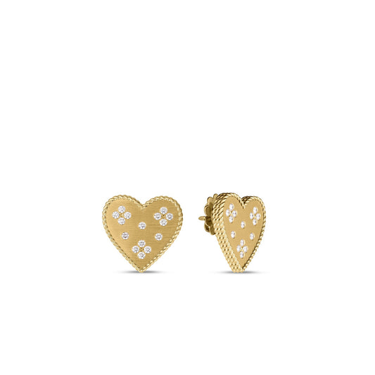 Roberto Coin Venetian Princess Classic Heart Medallion Stud Earrings Diamond, Satin Finish in 18K yellow gold