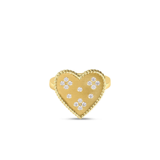 Roberto Coin Venetian Princess Heart Medallion Ring Diamond, Satin Finish in 18K yellow gold