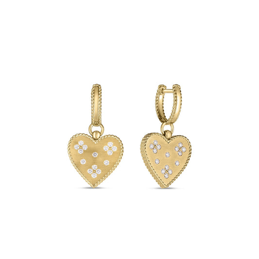 Roberto Coin Venetian Princess Heart Medallion Drop Earrings Diamond, Satin Finish in 18K yellow gold