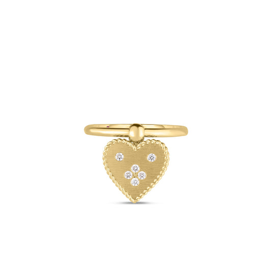 Roberto Coin Venetian Princess Heart Medallion Charm Ring Diamond, Satin Finish in 18K yellow gold