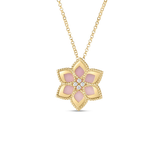 Roberto Coin Vernazza Flower Necklace Diamond, Pink Opal in 18K yellow gold