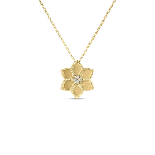 Roberto Coin Vernazza Flower Necklace Diamond, Satin Finish in 18K yellow gold