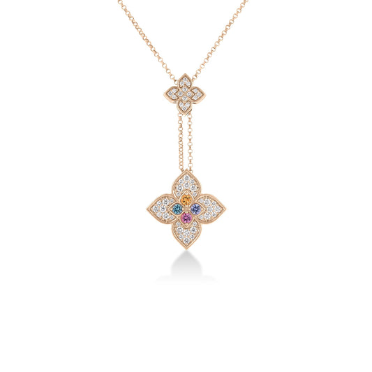 Roberto Coin Venetian Princess Carnival Double Flower Lariat Necklace Pavé Diamond, Mixed Gemstones in 18K rose gold