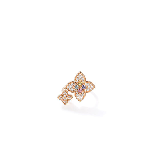 Roberto Coin Venetian Princess Carnival Double Flower Ring Pavé Diamond, Mixed Gemstones in 18K rose gold