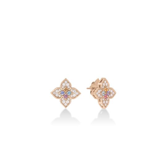 Roberto Coin Venetian Princess Medium Carnival Flower Stud Earrings Pavé Diamond, Mixed Gemstones in 18K rose gold
