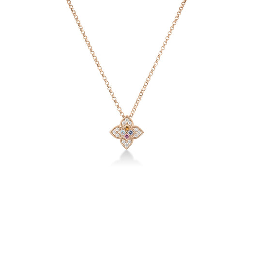 Roberto Coin Venetian Princess Small Carnival Flower Necklace Pavé Diamond, Mixed Gemstones in 18K rose gold
