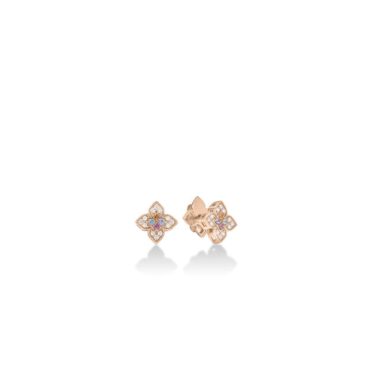 Roberto Coin Venetian Princess Small Carnival Flower Stud Earrings Pavé Diamond, Mixed Gemstones in 18K rose gold