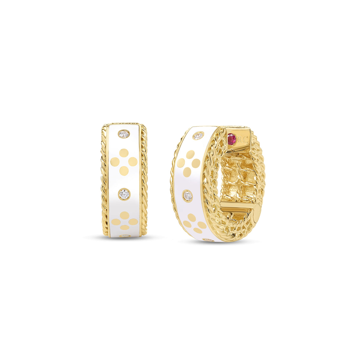 Roberto Coin Venetian Princess Hoop Earrings Diamond, Ceramic Enamel White in 18K yellow gold