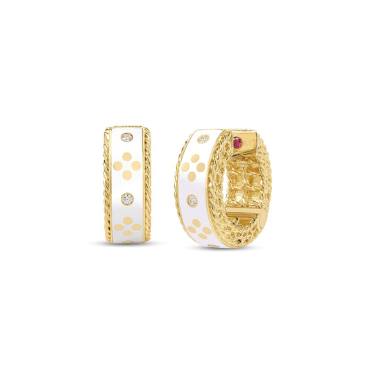 Roberto Coin Venetian Princess Hoop Earrings Diamond, Ceramic Enamel White in 18K yellow gold