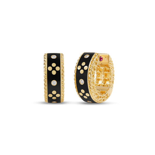 Roberto Coin Venetian Princess Hoop Earrings Diamond, Ceramic Enamel Black in 18K yellow gold