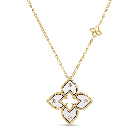 Roberto Coin Venetian Princess Small Classic Flower Necklace Diamond, Ceramic Enamel White in 18K yellow gold