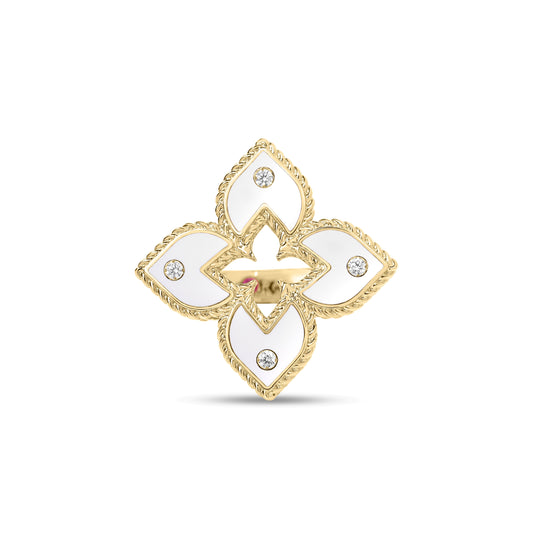 Roberto Coin Venetian Princess Classic Flower Ring Diamond, Ceramic Enamel White in 18K yellow gold