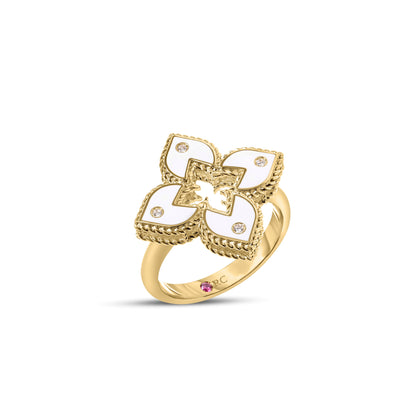 Roberto Coin Venetian Princess Classic Flower Ring Diamond, Ceramic Enamel White in 18K yellow gold, side view