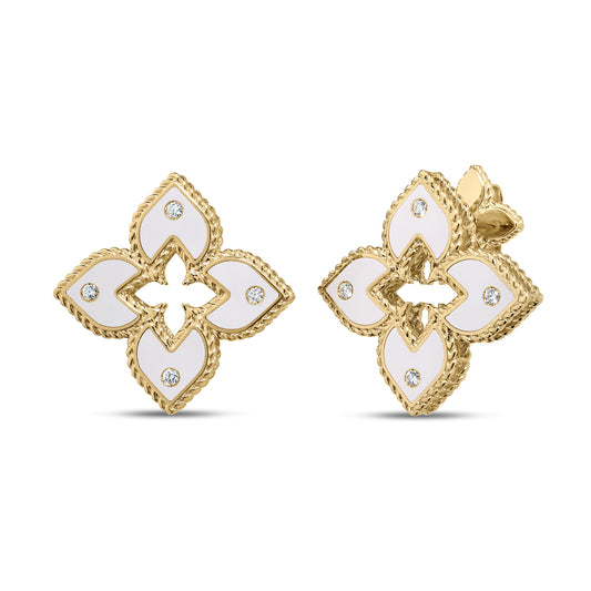 Roberto Coin Venetian Princess Classic Flower Stud Earrings Diamond, Ceramic Enamel White in 18K yellow gold