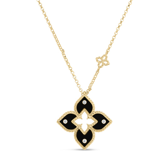 Roberto Coin Venetian Princess Small Classic Flower Necklace Diamond, Ceramic Enamel Black in 18K yellow gold