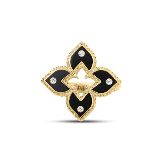 Roberto Coin Venetian Princess Classic Flower Ring Diamond, Ceramic Enamel Black in 18K yellow gold