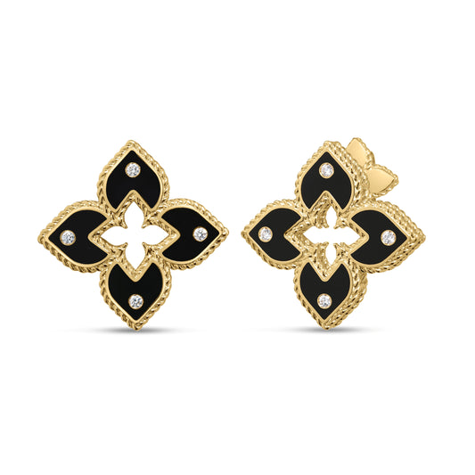 Roberto Coin Venetian Princess Classic Flower Stud Earrings Diamond, Ceramic Enamel Black in 18K yellow gold