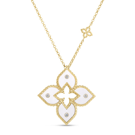 Roberto Coin Venetian Princess Medium Classic Flower Necklace Diamond, Ceramic Enamel White in 18K yellow gold