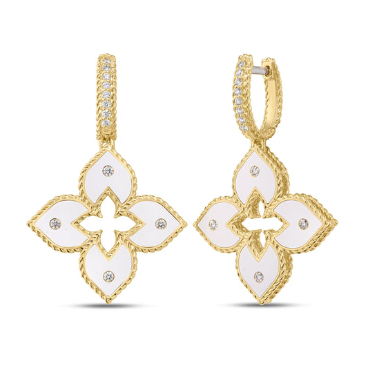 Roberto Coin Venetian Princess Classic Flower Drop Earrings Diamond, Ceramic Enamel White in 18K yellow gold
