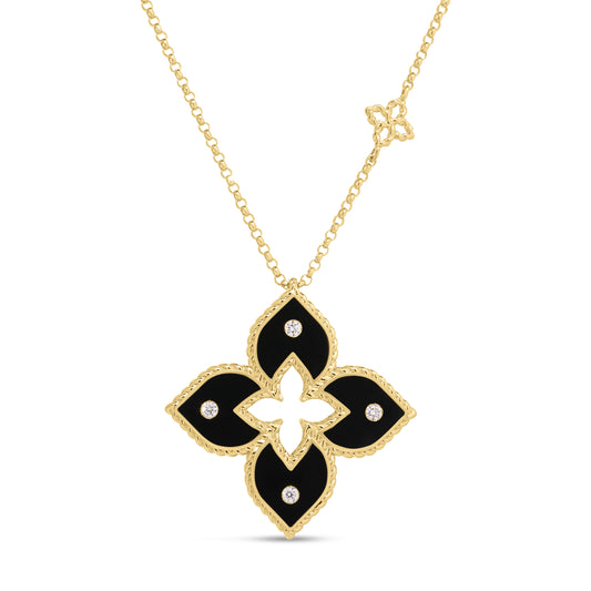 Roberto Coin Venetian Princess Medium Classic Flower Necklace Diamond, Ceramic Enamel Black in 18K yellow gold