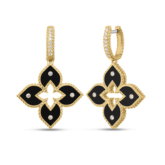 Roberto Coin Venetian Princess Classic Flower Drop Earrings Diamond, Ceramic Enamel Black in 18K yellow gold