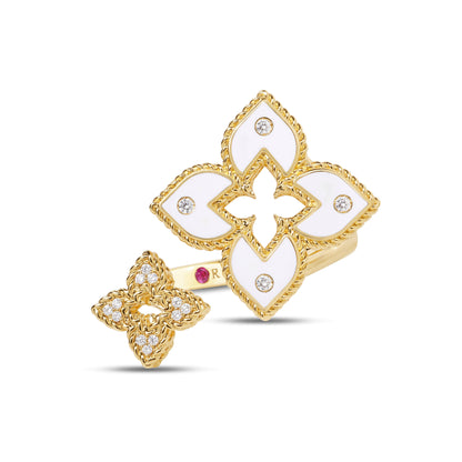 Roberto Coin Venetian Princess Double Flower Bypass Ring Diamond, Ceramic Enamel White in 18K yellow gold