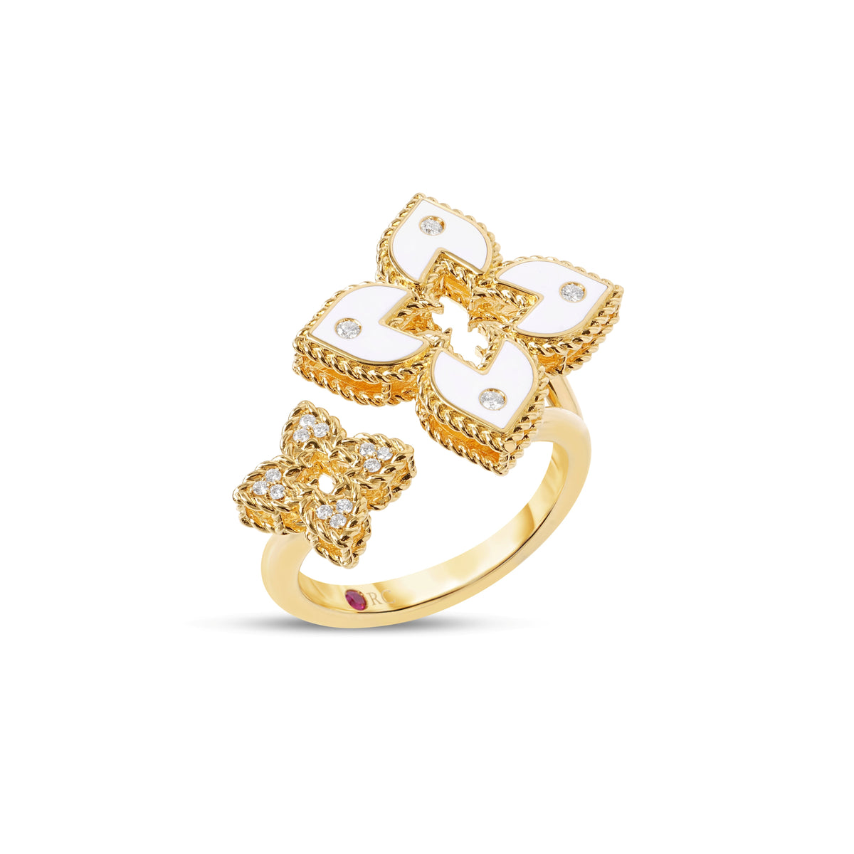 Roberto Coin Venetian Princess Double Flower Bypass Ring Diamond, Ceramic Enamel White in 18K yellow gold, side view