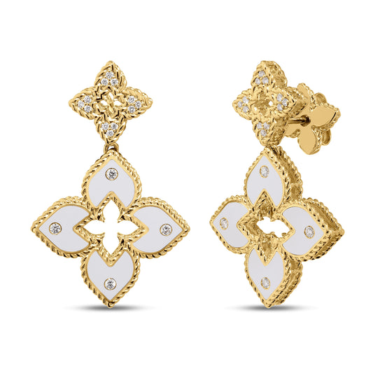Roberto Coin Venetian Princess Double Classic Flower Drop Earrings Pavé Diamond, Ceramic Enamel White in 18K yellow gold