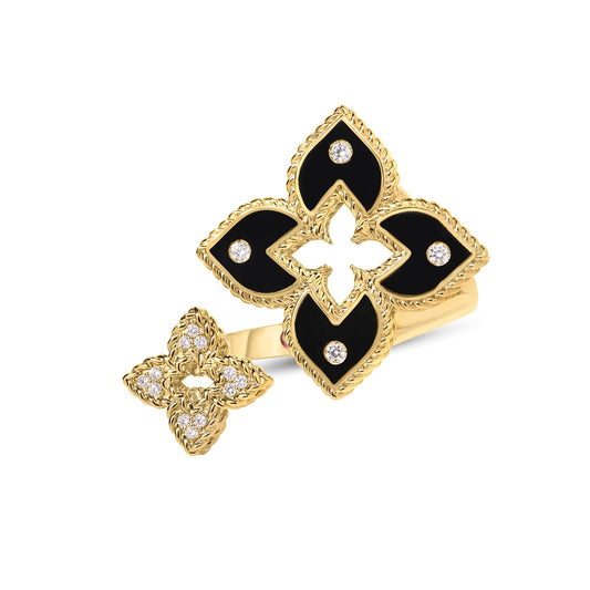 Roberto Coin Venetian Princess Double Flower Bypass Ring Diamond, Ceramic Enamel Black in 18K yellow gold