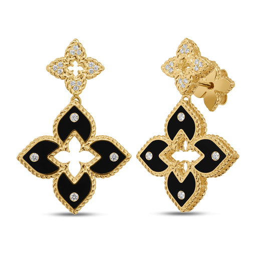 Roberto Coin Venetian Princess Double Classic Flower Drop Earrings Pavé Diamond, Ceramic Enamel Black in 18K yellow gold