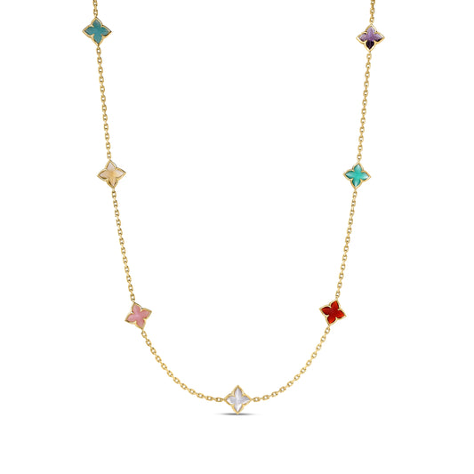 Roberto Coin Venetian Princess Carnival Flower Station Necklace Mixed Gemstones Length 18 inches in 18K gold