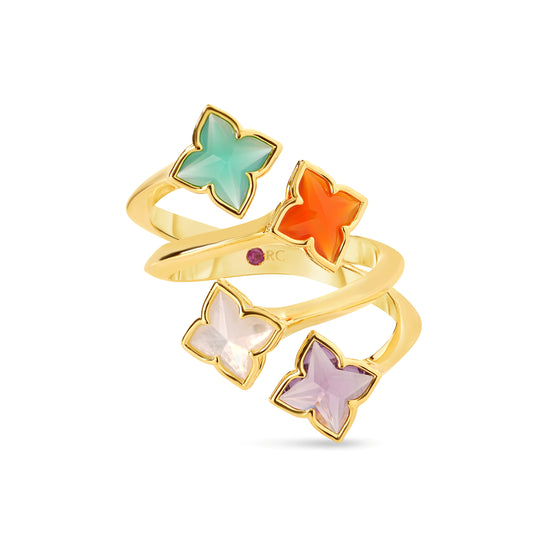 Roberto Coin Venetian Princess Carnival Four Row Flower Ring Mixed Gemstones in 18K yellow gold