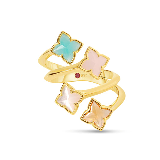 Roberto Coin Venetian Princess Carnival Four Row Pastel Flower Ring Mixed Gemstones in 18K yellow gold