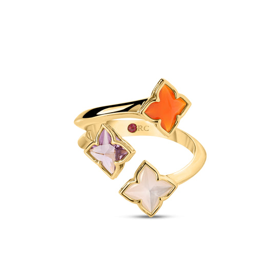 Roberto Coin Venetian Princess Carnival Three Row Flower Ring Mixed Gemstones in 18K yellow gold