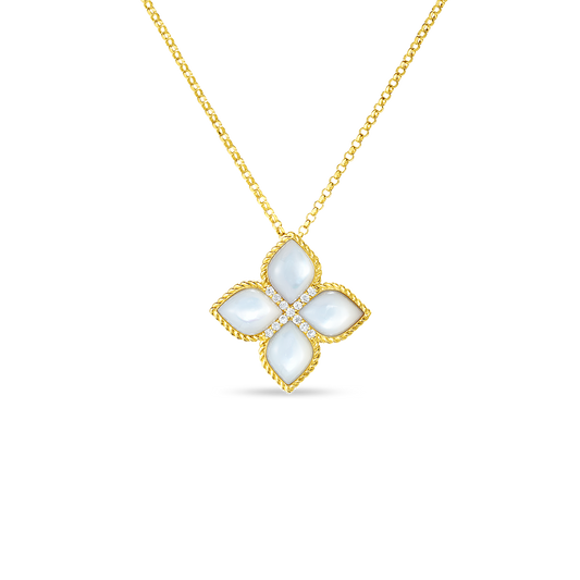 Roberto Coin Venetian Princess Classic Flower Necklace Diamond, Mother of Pearl in 18K yellow gold