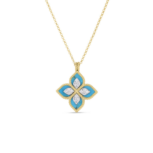 Roberto Coin Venetian Princess Flower Necklace Diamond, Turquoise in 18K yellow gold