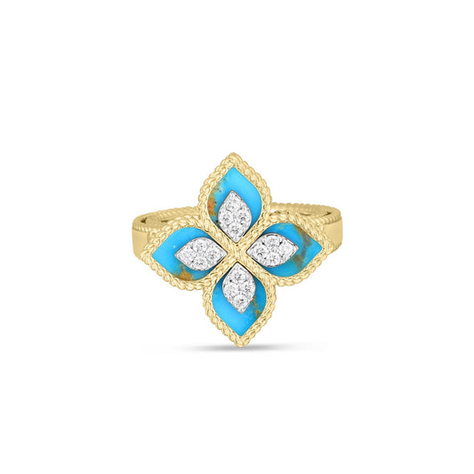 Roberto Coin Venetian Princess Flower Ring Diamond, Turquoise in 18K yellow gold