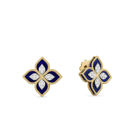 Roberto Coin Venetian Princess Flower Stud Earrings Diamond, Lapis in 18K yellow gold