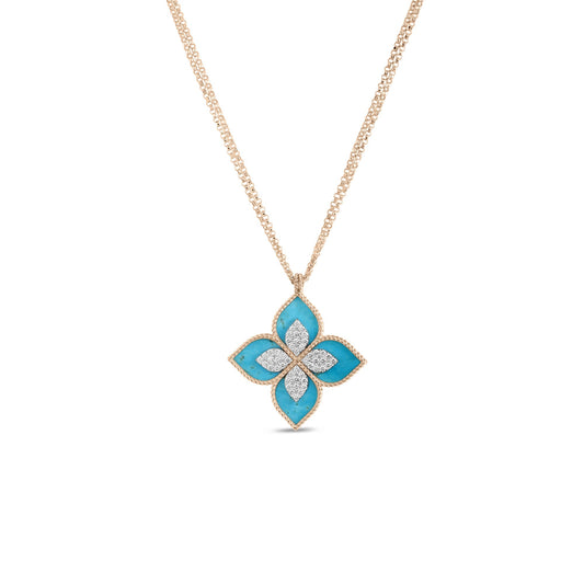 Roberto Coin Venetian Princess Flower Long Necklace Diamond, Turquoise in 18K rose gold