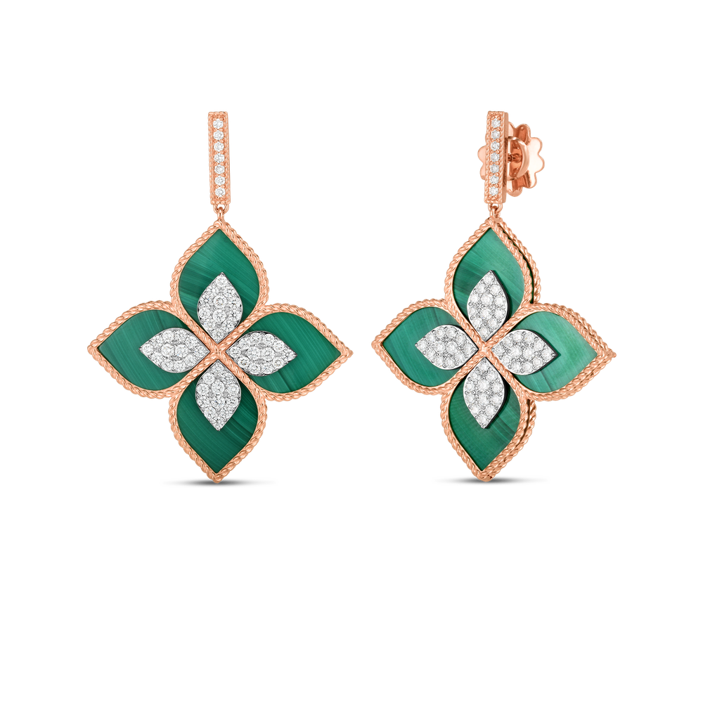 Venetian Princess Diamond And Malachite Large Flower Drop Earrings