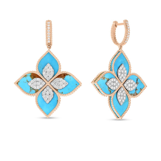 Roberto Coin Venetian Princess Flower Drop Earrings Diamond, Turquoise in 18K rose gold
