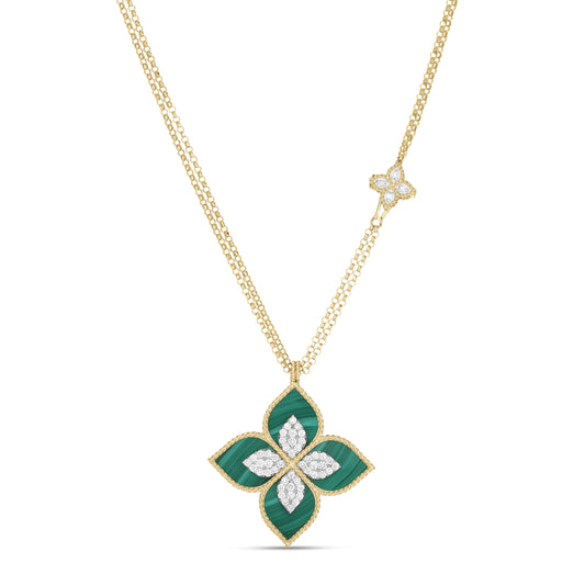 Roberto Coin Venetian Princess Flower Necklace Diamond, Malachite in 18K yellow gold