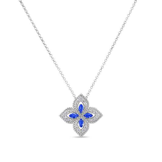 Roberto Coin Venetian Princess Flower Necklace with blue sapphire and diamond in 18K white gold