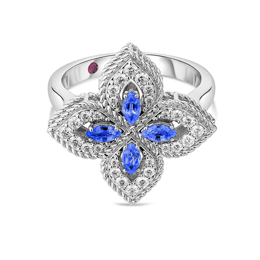 Roberto Coin Venetian Princess Flower Ring with blue sapphire and diamond in 18K white gold