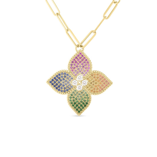 Roberto Coin Venetian Princess Flower Long Necklace Diamond, Mixed Gemstones in 18K yellow gold