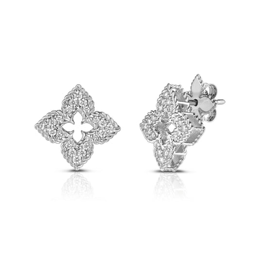 Roberto Coin Venetian Princess Small Classic Flower Stud Earrings Pavé Diamond in 18K white gold, side view