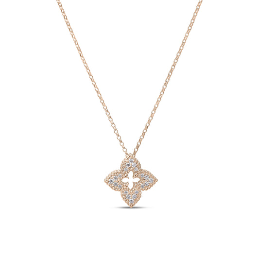 Roberto Coin Venetian Princess Small Classic Flower Necklace Pavé Diamond in 18K rose gold